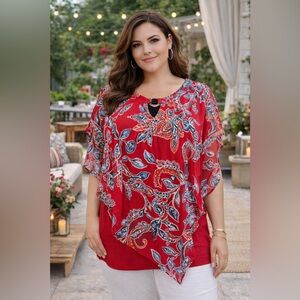 APT. 9 Red Paisley Blouse XL Asymmetrical Overlay Layered Top Boho Flowy